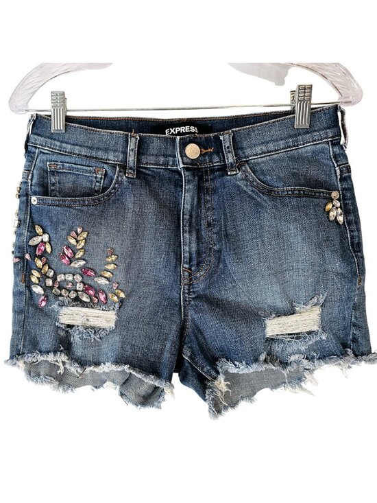 Express Pants - Express High Rise Shortie Jeweled Shorts with Frayed Bottom, Size 2